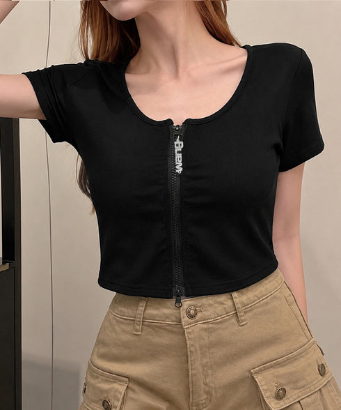 ジッパートップス韓国風ショート丈tシャツ クロップド丈トップスレディース ダブルジップtシャツジップアップ半袖 タイトTシャツ着やせ細見え 細身tシャツ大人可愛い 90WUSJ-001