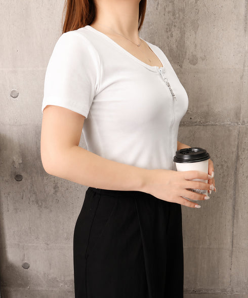 ジッパートップス韓国風ショート丈tシャツ クロップド丈トップスレディース ダブルジップtシャツジップアップ半袖 タイトTシャツ着やせ細見え 細身tシャツ大人可愛い 90WUSJ-001