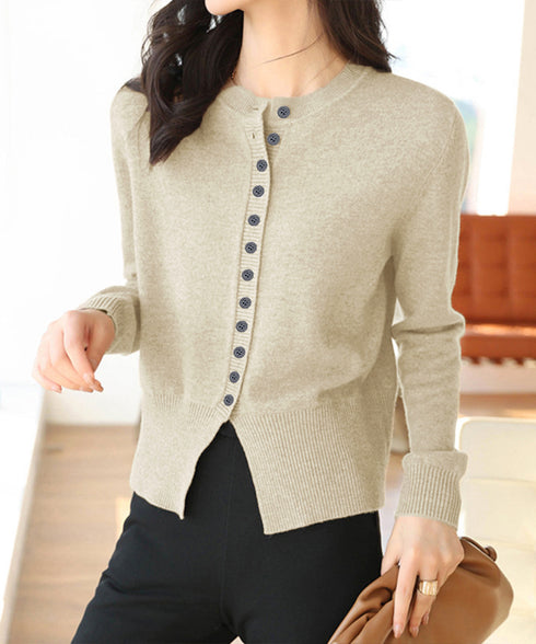 ニットセーターフロントボタンニットカーデ レディース クルーネックニットトップス オフィスカジュアル 無地リブニット スリムフィット きれいめニットウェア 着回し 90XDAKE-001
