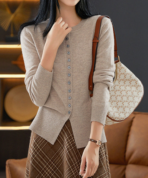 ニットセーターフロントボタンニットカーデ レディース クルーネックニットトップス オフィスカジュアル 無地リブニット スリムフィット きれいめニットウェア 着回し 90XDAKE-001