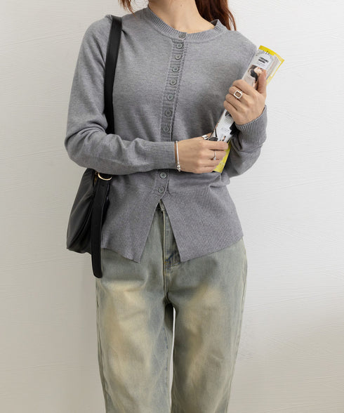 ニットセーターフロントボタンニットカーデ レディース クルーネックニットトップス オフィスカジュアル 無地リブニット スリムフィット きれいめニットウェア 着回し 90XDAKE-001