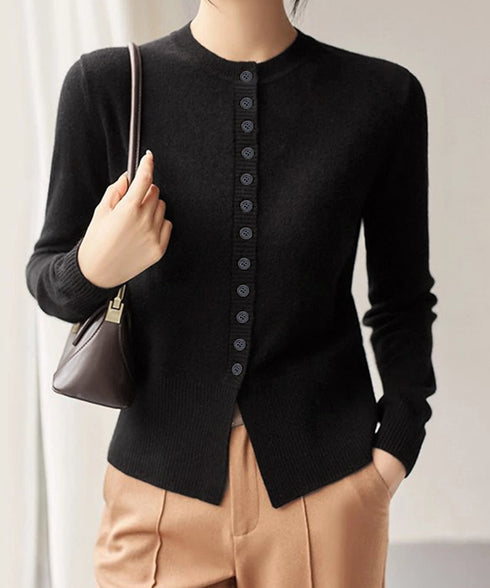 ニットセーターフロントボタンニットカーデ レディース クルーネックニットトップス オフィスカジュアル 無地リブニット スリムフィット きれいめニットウェア 着回し 90XDAKE-001