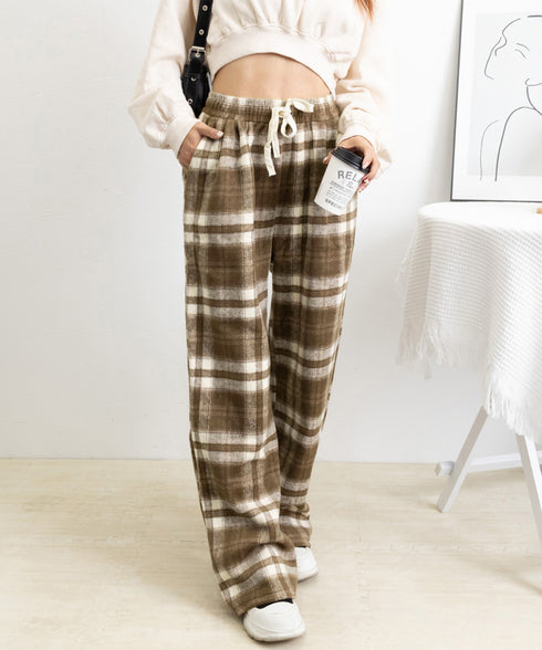 チェック柄パンツハイウエストワイドパンツ 裏起毛ノーマル2タイプ レトロロングパンツ レディース 韓国風暖かいパンツ 着やせストレートパンツ カジュアルパンツ厚手 90XFZ-001