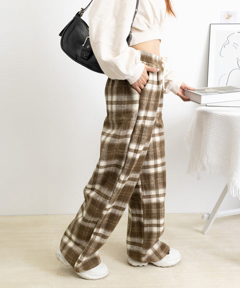 チェック柄パンツハイウエストワイドパンツ 裏起毛ノーマル2タイプ レトロロングパンツ レディース 韓国風暖かいパンツ 着やせストレートパンツ カジュアルパンツ厚手 90XFZ-001