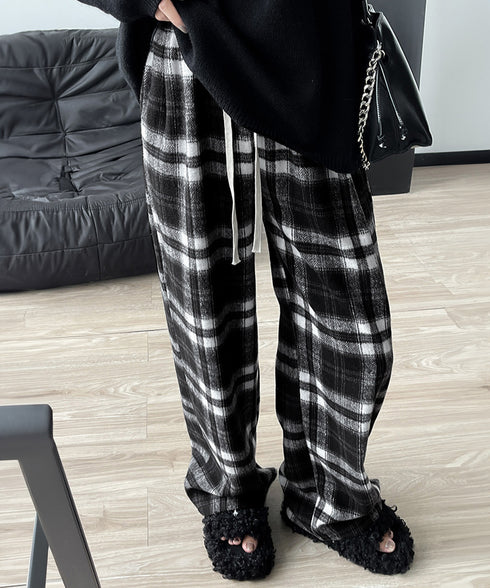 チェック柄パンツハイウエストワイドパンツ 裏起毛ノーマル2タイプ レトロロングパンツ レディース 韓国風暖かいパンツ 着やせストレートパンツ カジュアルパンツ厚手 90XFZ-001