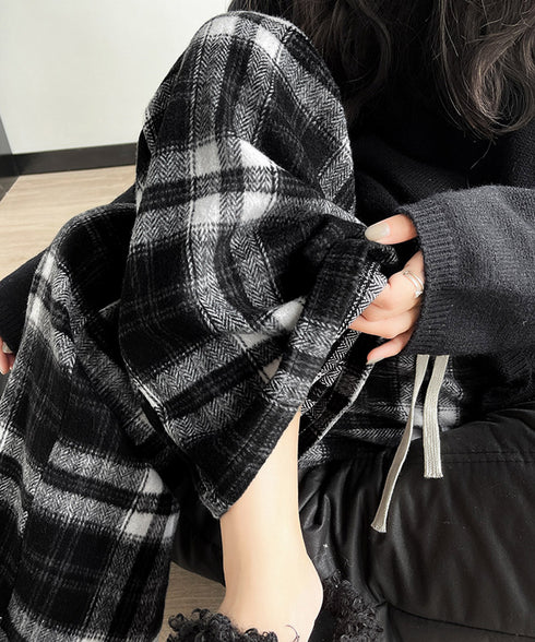 チェック柄パンツハイウエストワイドパンツ 裏起毛ノーマル2タイプ レトロロングパンツ レディース 韓国風暖かいパンツ 着やせストレートパンツ カジュアルパンツ厚手 90XFZ-001