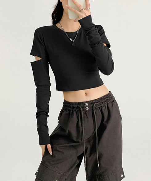 長袖Tシャツ 袖カットアウト カットソー レディース ショート丈tシャツ ラウンドネック 袖カットオフ 細見え トップス かっこいい ヘソ出しプルオーバー 韓国風 90XFZ-002