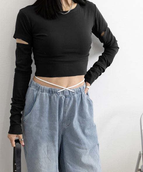 長袖Tシャツ 袖カットアウト カットソー レディース ショート丈tシャツ ラウンドネック 袖カットオフ 細見え トップス かっこいい ヘソ出しプルオーバー 韓国風 90XFZ-002