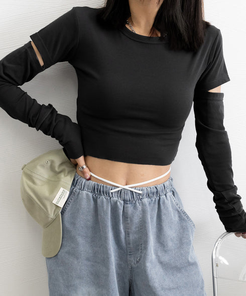 長袖Tシャツ 袖カットアウト カットソー レディース ショート丈tシャツ ラウンドネック 袖カットオフ 細見え トップス かっこいい ヘソ出しプルオーバー 韓国風 90XFZ-002