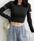 長袖Tシャツ 袖カットアウト カットソー レディース ショート丈tシャツ ラウンドネック 袖カットオフ 細見え トップス かっこいい ヘソ出しプルオーバー 韓国風 90XFZ-002