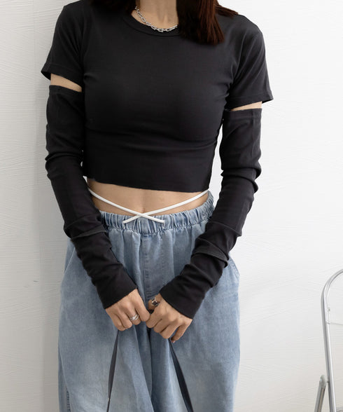 長袖Tシャツ 袖カットアウト カットソー レディース ショート丈tシャツ ラウンドネック 袖カットオフ 細見え トップス かっこいい ヘソ出しプルオーバー 韓国風 90XFZ-002