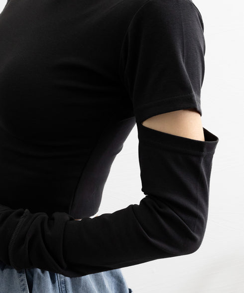 長袖Tシャツ 袖カットアウト カットソー レディース ショート丈tシャツ ラウンドネック 袖カットオフ 細見え トップス かっこいい ヘソ出しプルオーバー 韓国風 90XFZ-002