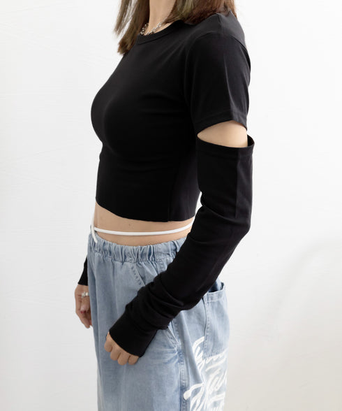 長袖Tシャツ 袖カットアウト カットソー レディース ショート丈tシャツ ラウンドネック 袖カットオフ 細見え トップス かっこいい ヘソ出しプルオーバー 韓国風 90XFZ-002