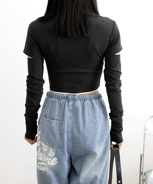 長袖Tシャツ 袖カットアウト カットソー レディース ショート丈tシャツ ラウンドネック 袖カットオフ 細見え トップス かっこいい ヘソ出しプルオーバー 韓国風 90XFZ-002