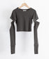 長袖Tシャツ 袖カットアウト カットソー レディース ショート丈tシャツ ラウンドネック 袖カットオフ 細見え トップス かっこいい ヘソ出しプルオーバー 韓国風 90XFZ-002