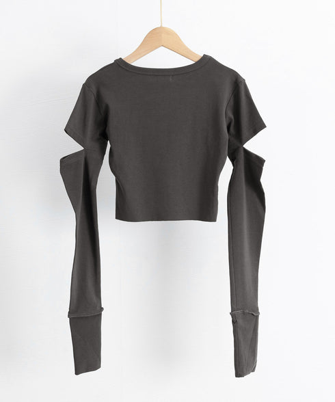 長袖Tシャツ 袖カットアウト カットソー レディース ショート丈tシャツ ラウンドネック 袖カットオフ 細見え トップス かっこいい ヘソ出しプルオーバー 韓国風 90XFZ-002