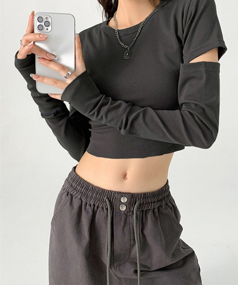 長袖Tシャツ 袖カットアウト カットソー レディース ショート丈tシャツ ラウンドネック 袖カットオフ 細見え トップス かっこいい ヘソ出しプルオーバー 韓国風 90XFZ-002