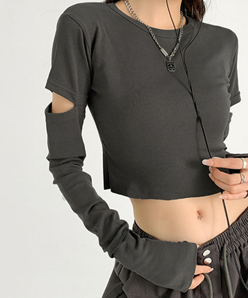 長袖Tシャツ 袖カットアウト カットソー レディース ショート丈tシャツ ラウンドネック 袖カットオフ 細見え トップス かっこいい ヘソ出しプルオーバー 韓国風 90XFZ-002