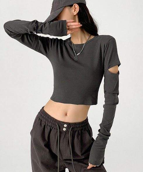 長袖Tシャツ 袖カットアウト カットソー レディース ショート丈tシャツ ラウンドネック 袖カットオフ 細見え トップス かっこいい ヘソ出しプルオーバー 韓国風 90XFZ-002