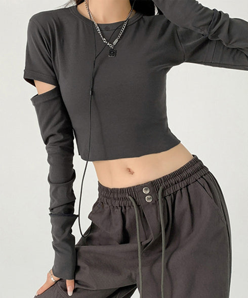 長袖Tシャツ 袖カットアウト カットソー レディース ショート丈tシャツ ラウンドネック 袖カットオフ 細見え トップス かっこいい ヘソ出しプルオーバー 韓国風 90XFZ-002