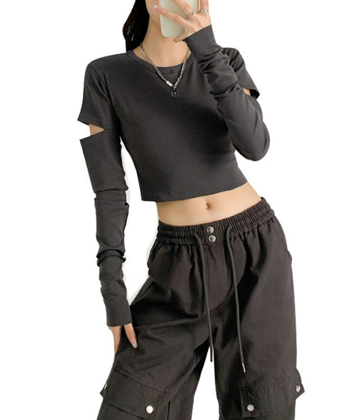 長袖Tシャツ 袖カットアウト カットソー レディース ショート丈tシャツ ラウンドネック 袖カットオフ 細見え トップス かっこいい ヘソ出しプルオーバー 韓国風 90XFZ-002