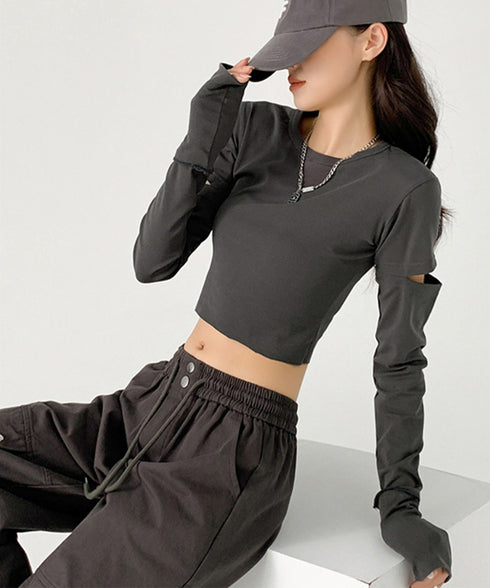 長袖Tシャツ 袖カットアウト カットソー レディース ショート丈tシャツ ラウンドネック 袖カットオフ 細見え トップス かっこいい ヘソ出しプルオーバー 韓国風 90XFZ-002