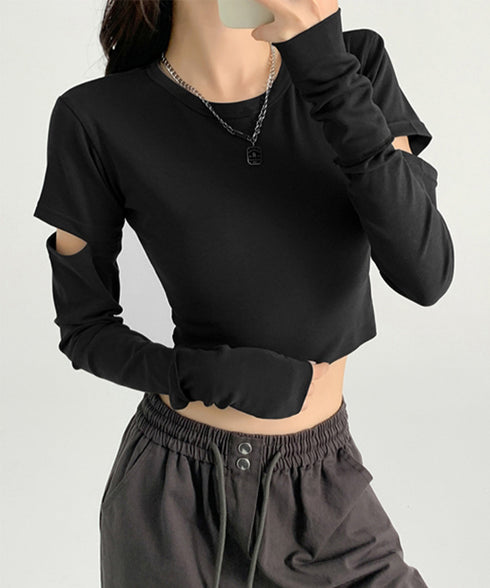 長袖Tシャツ 袖カットアウト カットソー レディース ショート丈tシャツ ラウンドネック 袖カットオフ 細見え トップス かっこいい ヘソ出しプルオーバー 韓国風 90XFZ-002