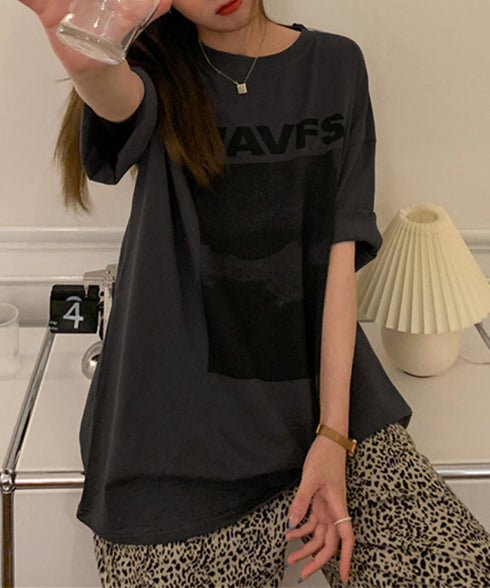 ロングtシャツ ビッグシルエットTシャツ レディース 韓国風プルオーバー 着やせビッグtシャツ半袖 ゆったり おしゃれカットソー 夏トップス グラフィック ロゴT 90XIAOHD-001