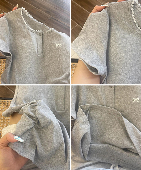 ワンポイントリボンTシャツレース配色半袖 レディース ヘンリーネック半袖T リボン刺しゅうタイトトップス 可愛いコンパクトtシャツ サイドギャザー 細身カットソー 90XINM-001