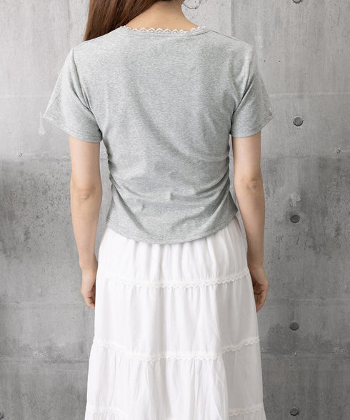 ワンポイントリボンTシャツレース配色半袖 レディース ヘンリーネック半袖T リボン刺しゅうタイトトップス 可愛いコンパクトtシャツ サイドギャザー 細身カットソー 90XINM-001