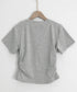 ワンポイントリボンTシャツレース配色半袖 レディース ヘンリーネック半袖T リボン刺しゅうタイトトップス 可愛いコンパクトtシャツ サイドギャザー 細身カットソー 90XINM-001