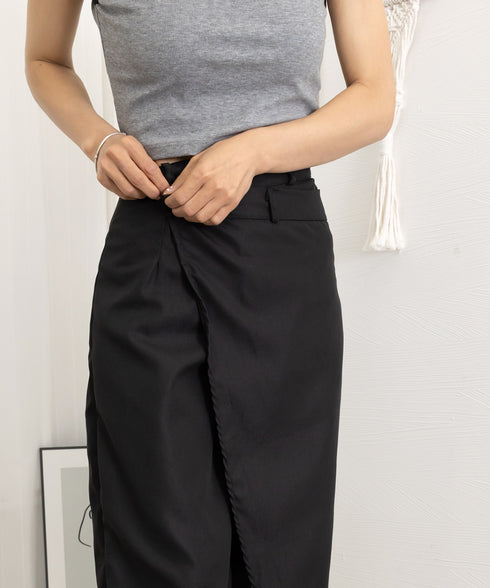 ウエストラップスラックスパンツレディース イレギュラー ハイウエスト ワイドパンツ オフィスカジュアル ストレートパンツ 非対称 美脚脚長 ロングパンツ 通勤OL 90XINZI-001