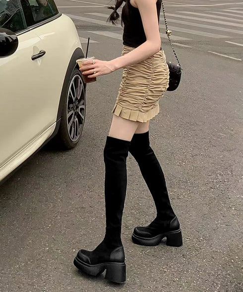 ニーハイブーツ レディース ロングブーツ スクエアトゥ 厚底 ジョッキーブーツ 履きやすい膝上ブーツ 美脚脚長ストレッチブーツ大人きれいめ 太ヒールフィットブーツ 90XMD-001