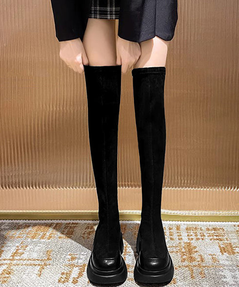 ニーハイブーツ レディース ロングブーツ スクエアトゥ 厚底 ジョッキーブーツ 履きやすい膝上ブーツ 美脚脚長ストレッチブーツ大人きれいめ 太ヒールフィットブーツ 90XMD-001