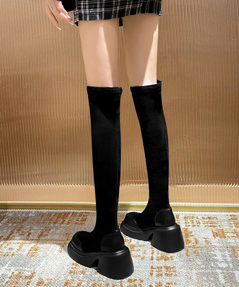 ニーハイブーツ レディース ロングブーツ スクエアトゥ 厚底 ジョッキーブーツ 履きやすい膝上ブーツ 美脚脚長ストレッチブーツ大人きれいめ 太ヒールフィットブーツ 90XMD-001