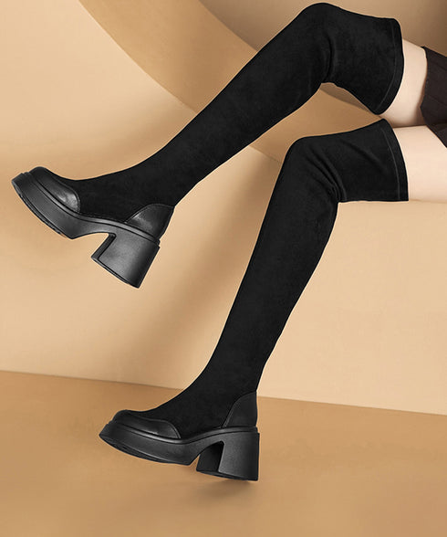 ニーハイブーツ レディース ロングブーツ スクエアトゥ 厚底 ジョッキーブーツ 履きやすい膝上ブーツ 美脚脚長ストレッチブーツ大人きれいめ 太ヒールフィットブーツ 90XMD-001