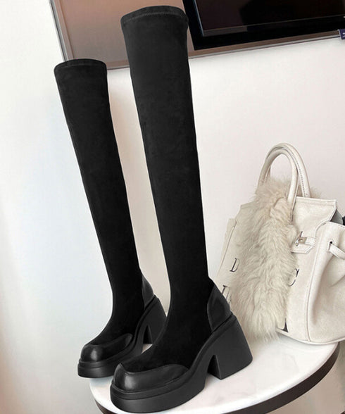 ニーハイブーツ レディース ロングブーツ スクエアトゥ 厚底 ジョッキーブーツ 履きやすい膝上ブーツ 美脚脚長ストレッチブーツ大人きれいめ 太ヒールフィットブーツ 90XMD-001