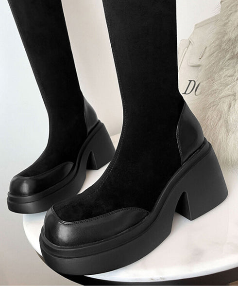 ニーハイブーツ レディース ロングブーツ スクエアトゥ 厚底 ジョッキーブーツ 履きやすい膝上ブーツ 美脚脚長ストレッチブーツ大人きれいめ 太ヒールフィットブーツ 90XMD-001