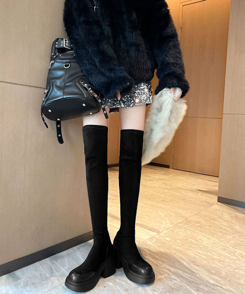 ニーハイブーツ レディース ロングブーツ スクエアトゥ 厚底 ジョッキーブーツ 履きやすい膝上ブーツ 美脚脚長ストレッチブーツ大人きれいめ 太ヒールフィットブーツ 90XMD-001