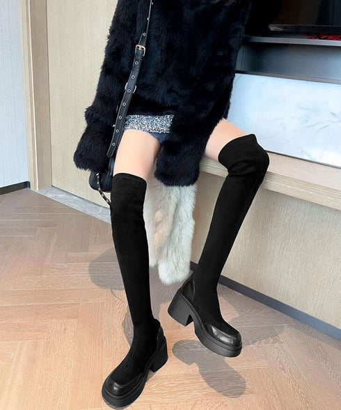 ニーハイブーツ レディース ロングブーツ スクエアトゥ 厚底 ジョッキーブーツ 履きやすい膝上ブーツ 美脚脚長ストレッチブーツ大人きれいめ 太ヒールフィットブーツ 90XMD-001