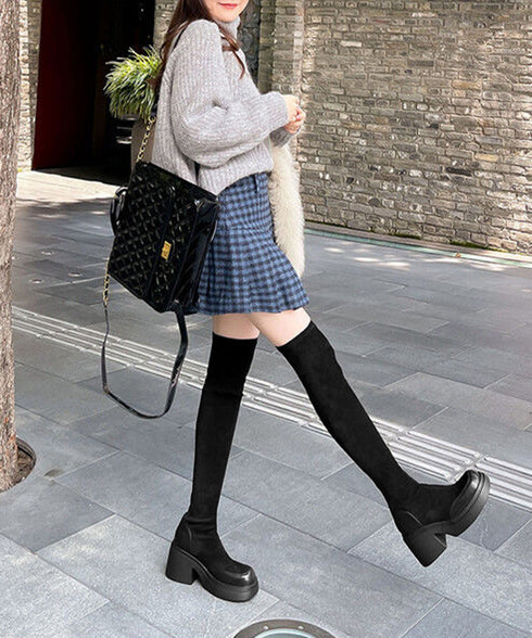 ニーハイブーツ レディース ロングブーツ スクエアトゥ 厚底 ジョッキーブーツ 履きやすい膝上ブーツ 美脚脚長ストレッチブーツ大人きれいめ 太ヒールフィットブーツ 90XMD-001