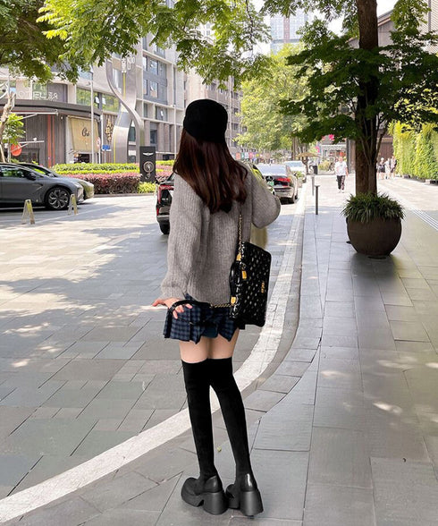 ニーハイブーツ レディース ロングブーツ スクエアトゥ 厚底 ジョッキーブーツ 履きやすい膝上ブーツ 美脚脚長ストレッチブーツ大人きれいめ 太ヒールフィットブーツ 90XMD-001