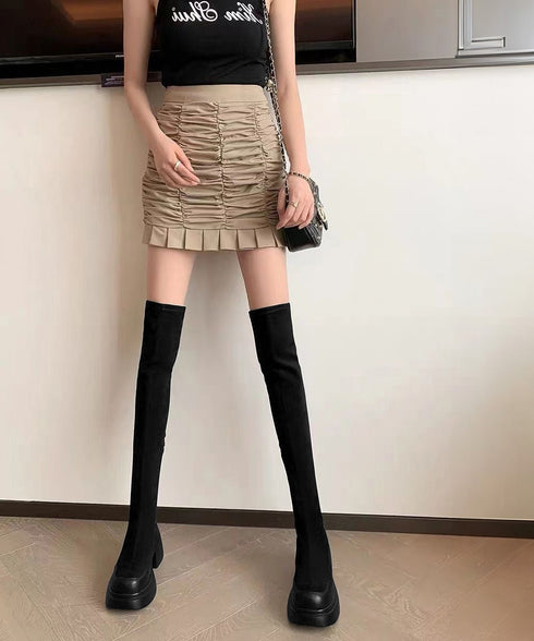 ニーハイブーツ レディース ロングブーツ スクエアトゥ 厚底 ジョッキーブーツ 履きやすい膝上ブーツ 美脚脚長ストレッチブーツ大人きれいめ 太ヒールフィットブーツ 90XMD-001