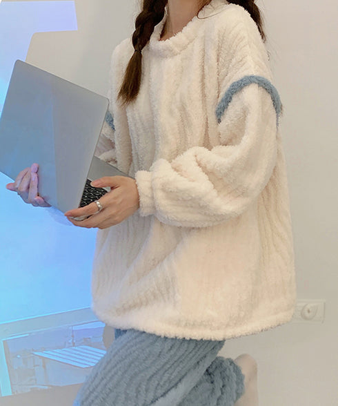 フリースパジャマ レディース 上下セット ふわふわ ルームウェアセットアップ もこもこ 部屋着 軽く暖かい ボアパジャマ リラックス 冬用室内着 保温長袖 韓国風 90XMF-001