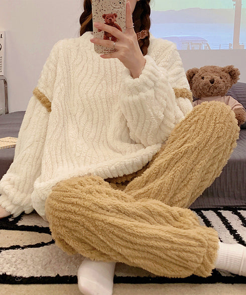 フリースパジャマ レディース 上下セット ふわふわ ルームウェアセットアップ もこもこ 部屋着 軽く暖かい ボアパジャマ リラックス 冬用室内着 保温長袖 韓国風 90XMF-001