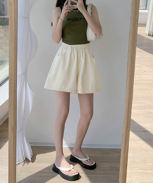 ワイドショートパンツ レディース 短パン ウエストゴム 美脚キュロットパンツ ポケット付き ゆったり ハイウエスト ショーパン 薄手部屋着パンツ 無地ルームウェア 90XMM-001