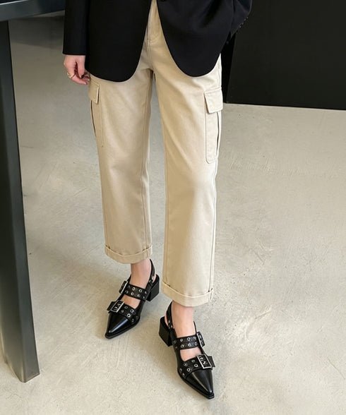 ハトメベルトパンプス ポインテッドトゥ靴 チャンキーヒールパンプスレディース 歩きやすいバックストラップパンプスモード系バックルベルトメリージェーンシューズ韓国風 90XUEZ-001