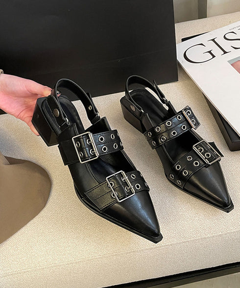 ハトメベルトパンプス ポインテッドトゥ靴 チャンキーヒールパンプスレディース 歩きやすいバックストラップパンプスモード系バックルベルトメリージェーンシューズ韓国風 90XUEZ-001