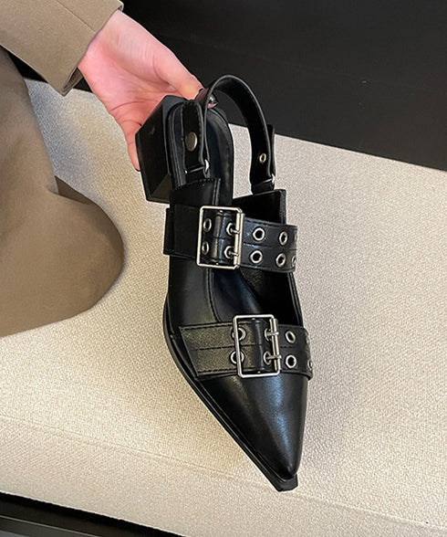 ハトメベルトパンプス ポインテッドトゥ靴 チャンキーヒールパンプスレディース 歩きやすいバックストラップパンプスモード系バックルベルトメリージェーンシューズ韓国風 90XUEZ-001