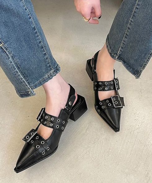 ハトメベルトパンプス ポインテッドトゥ靴 チャンキーヒールパンプスレディース 歩きやすいバックストラップパンプスモード系バックルベルトメリージェーンシューズ韓国風 90XUEZ-001